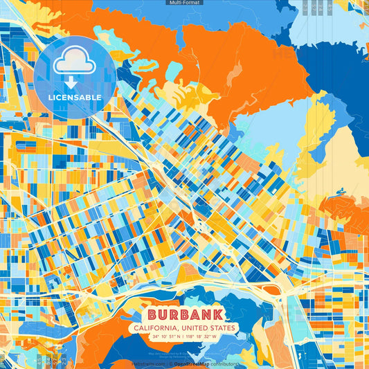 Burbank, California, United States blue and orange vector art map template