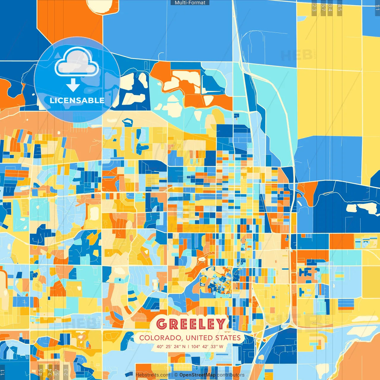 Greeley, Colorado, United States blue and orange vector art map template