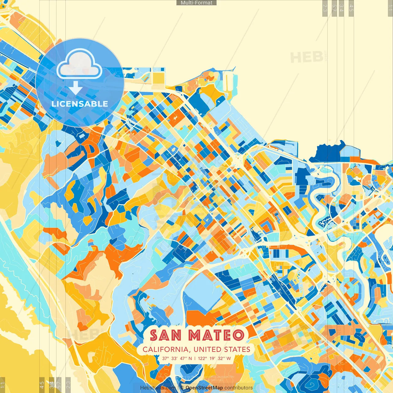 San Mateo, California, United States blue and orange vector art map template