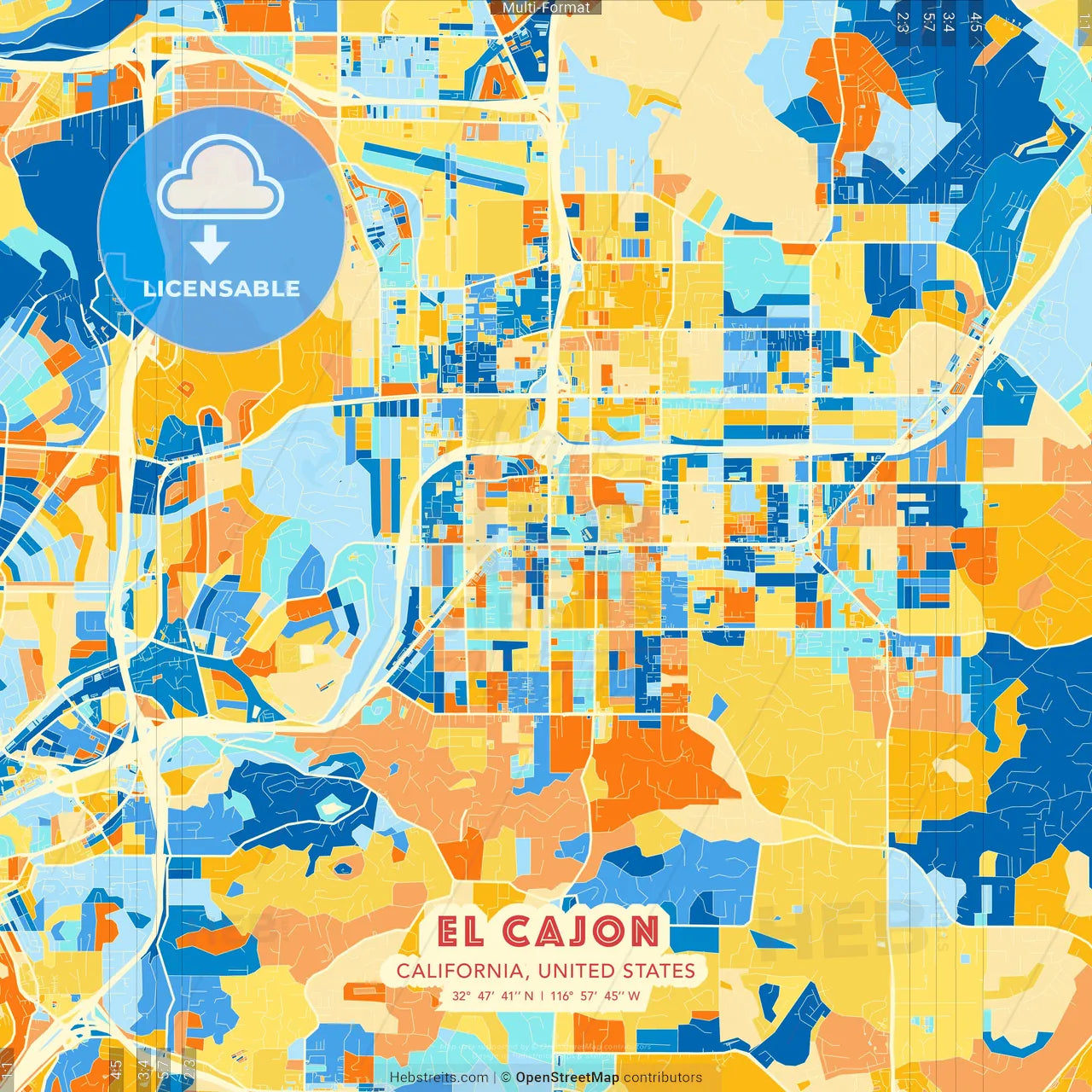 El Cajon, California, United States blue and orange vector art map template