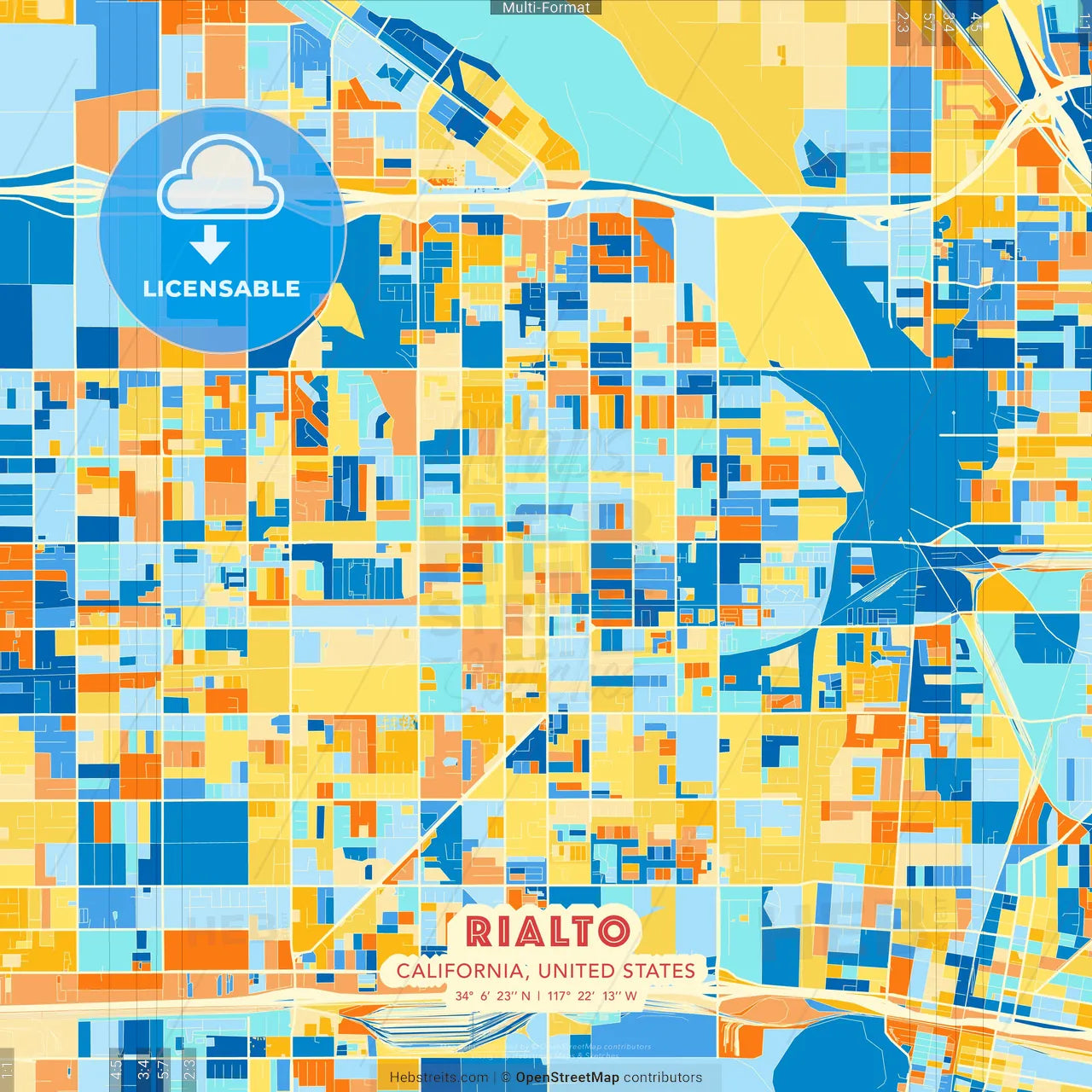 Rialto, California, United States blue and orange vector art map template