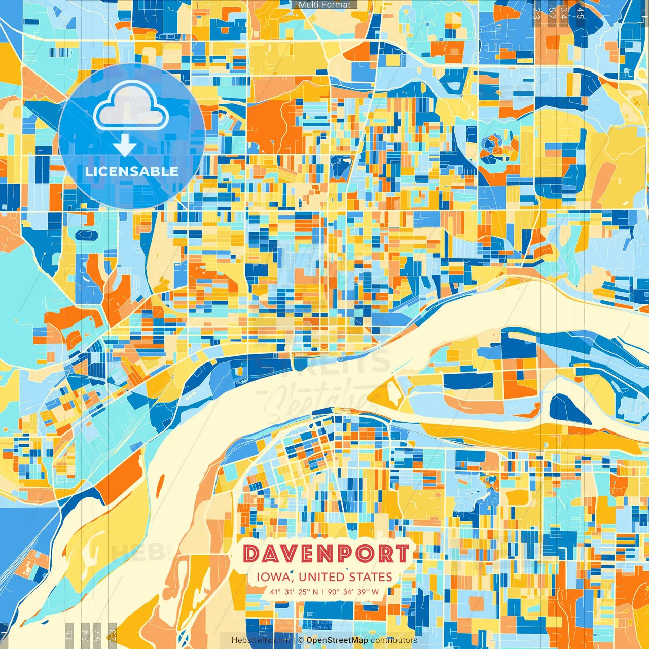 Davenport, Iowa, United States blue and orange vector art map template