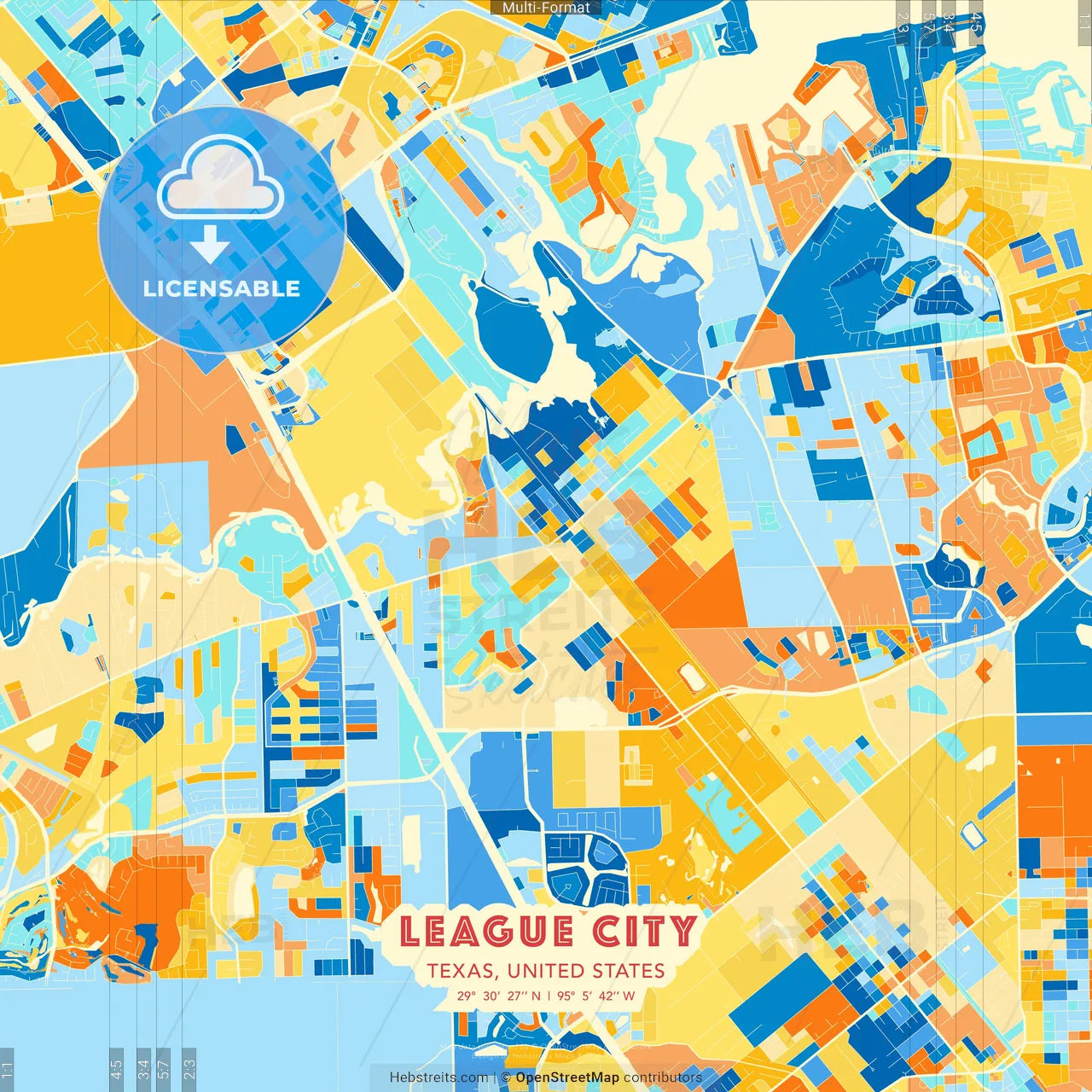 League City, Texas, United States blue and orange vector art map template