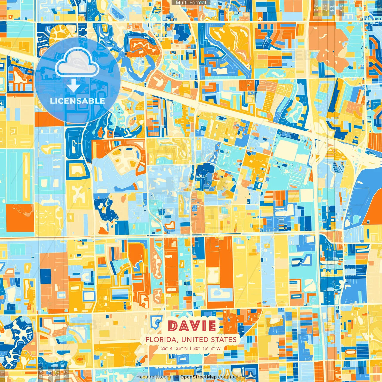 Davie, Florida, United States blue and orange vector art map template