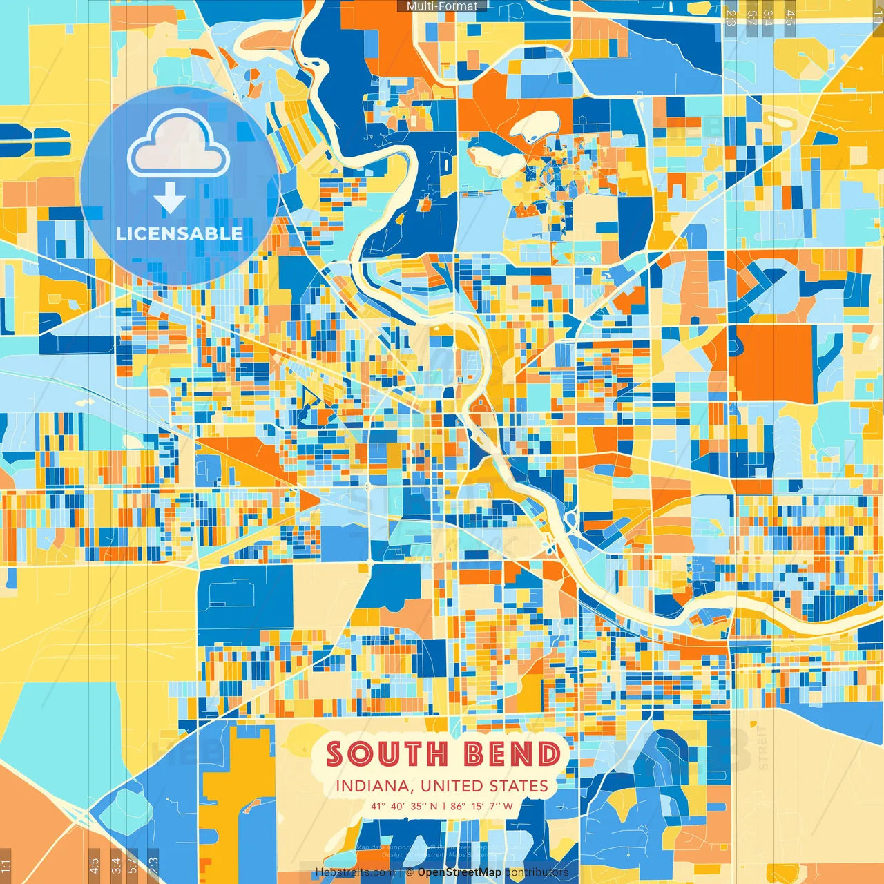 South Bend, Indiana, United States blue and orange vector art map template