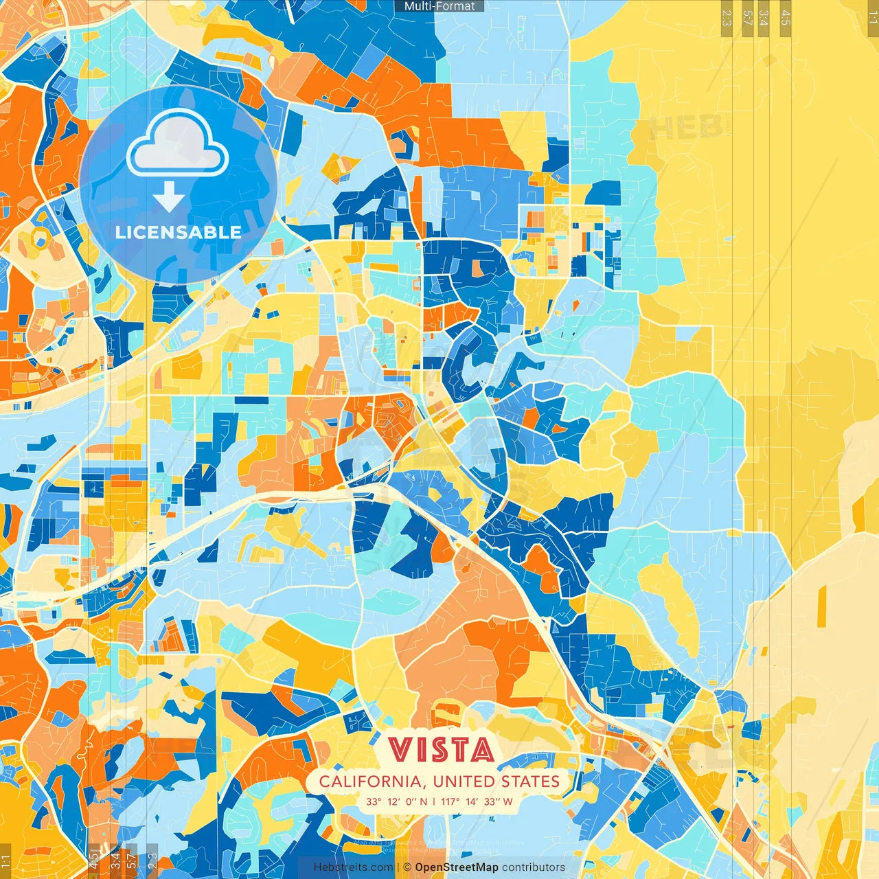 Vista, California, United States blue and orange vector art map template