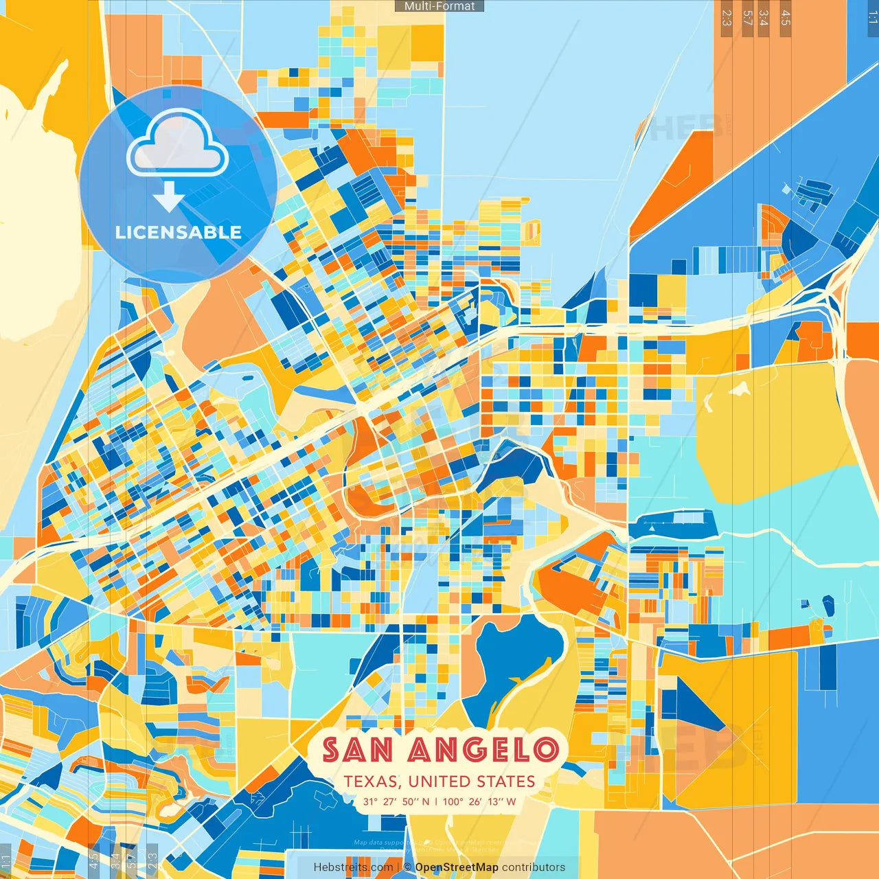 San Angelo, Texas, United States blue and orange vector art map template