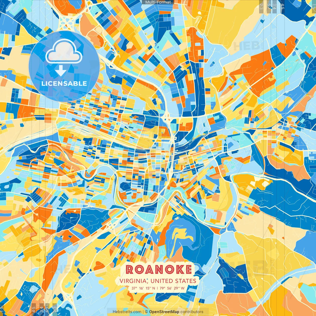 Roanoke, Virginia, United States blue and orange vector art map template