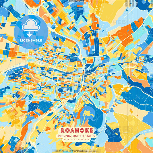Roanoke, Virginia, United States blue and orange vector art map template