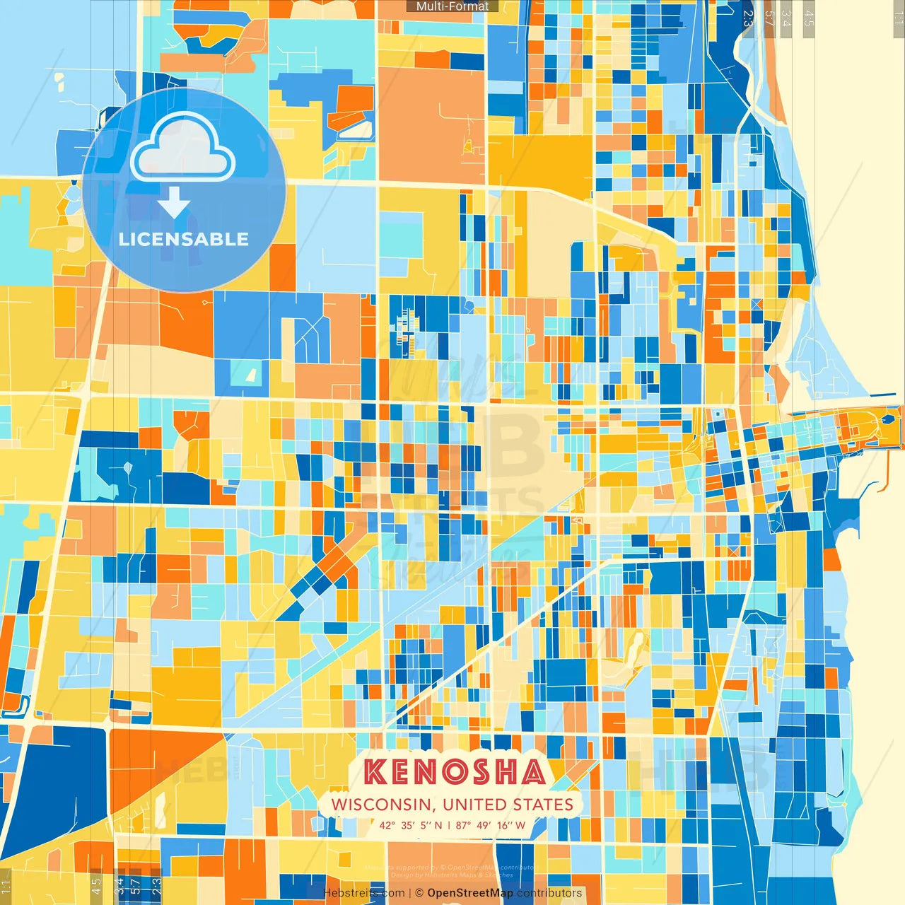 Kenosha, Wisconsin, United States blue and orange vector art map template