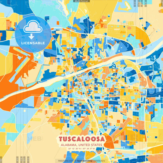 Tuscaloosa, Alabama, United States blue and orange vector art map template