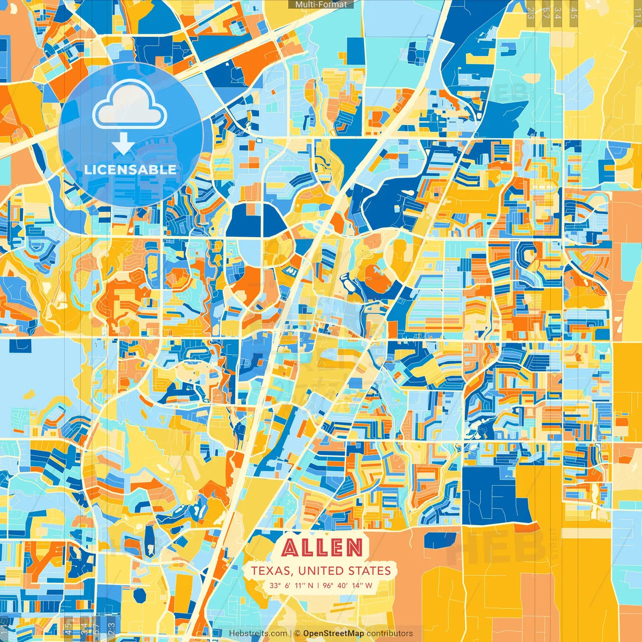 Allen, Texas, United States blue and orange vector art map template