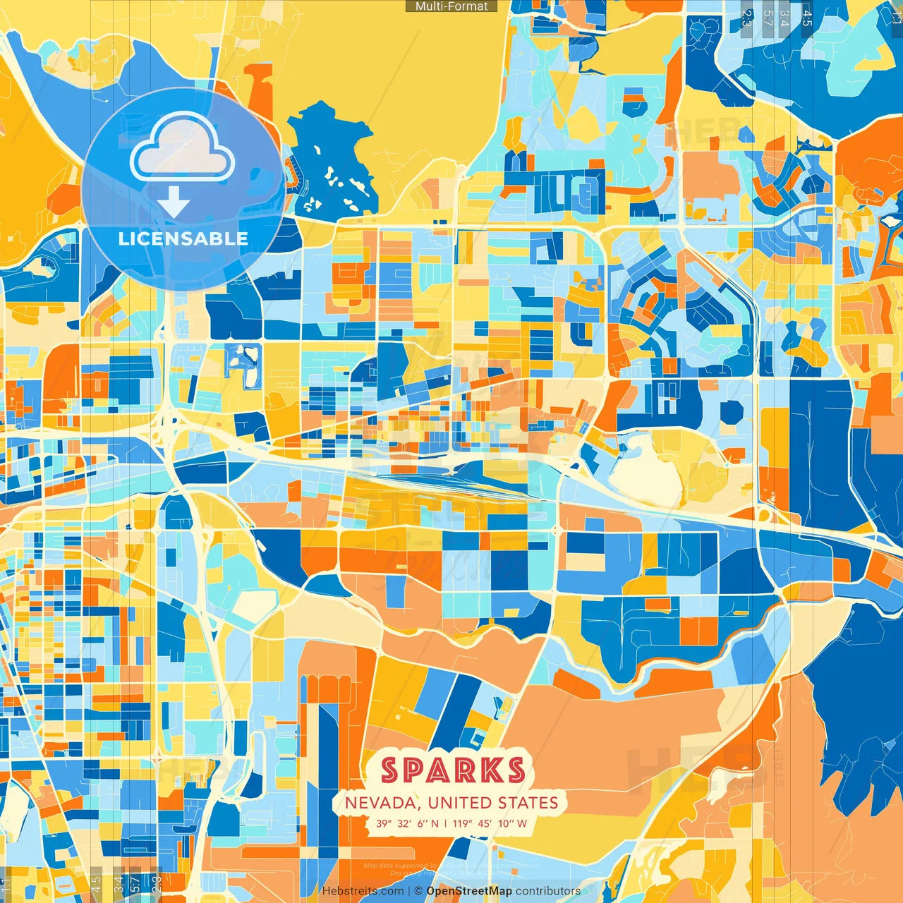 Sparks, Nevada, United States blue and orange vector art map template