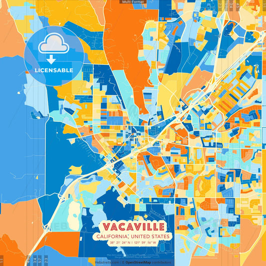 Vacaville, California, United States blue and orange vector art map template