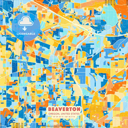 Beaverton, Oregon, United States blue and orange vector art map template