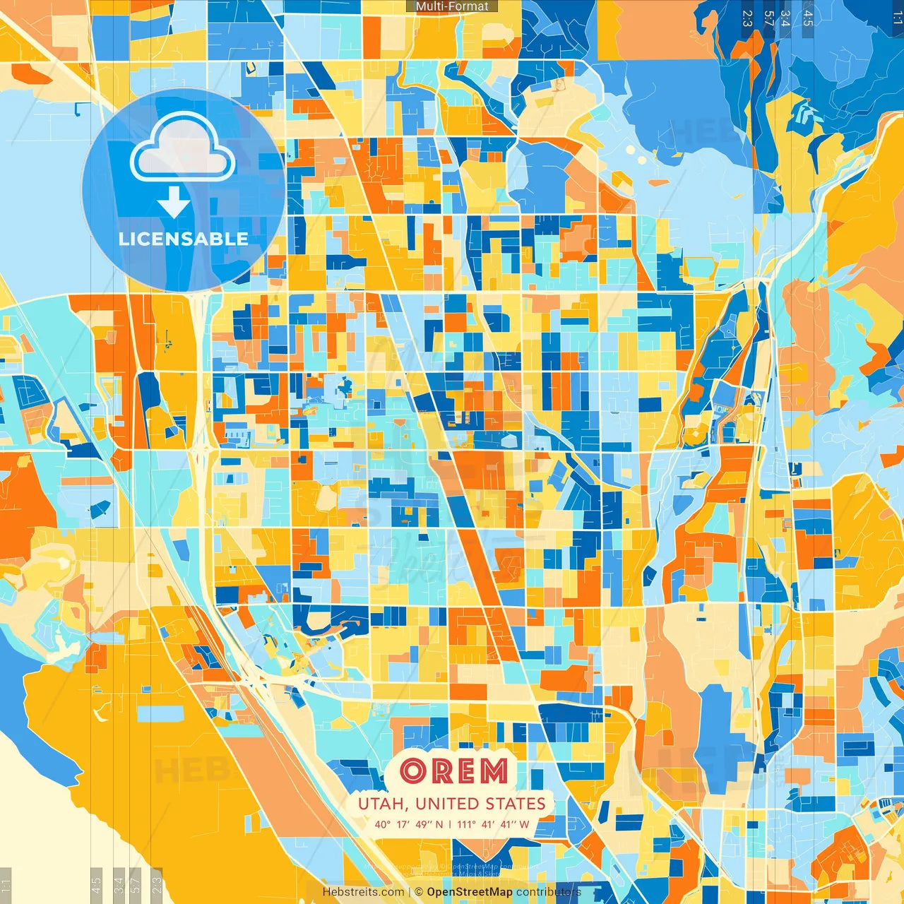 Orem, Utah, United States blue and orange vector art map template