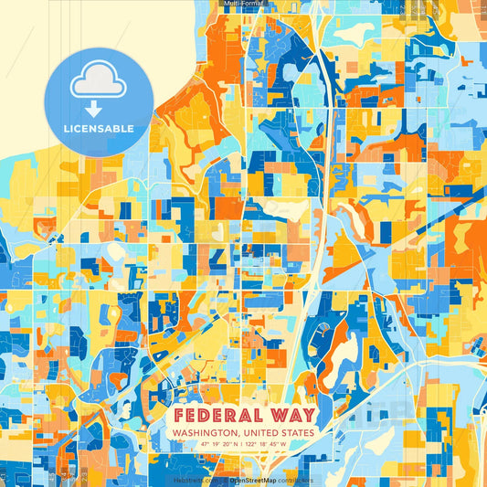Federal Way, Washington, United States blue and orange vector art map template