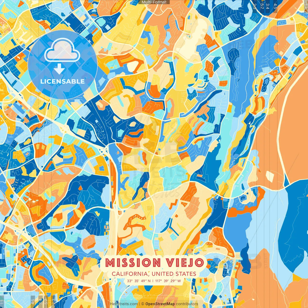 Mission Viejo, California, United States blue and orange vector art map template