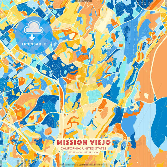 Mission Viejo, California, United States blue and orange vector art map template
