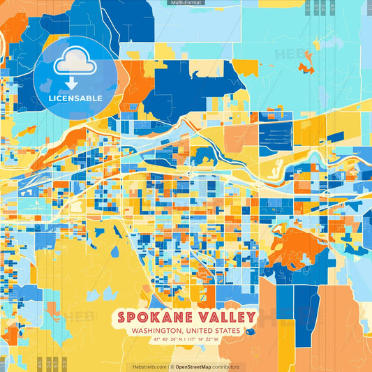 Spokane Valley, Washington, United States blue and orange vector art map template