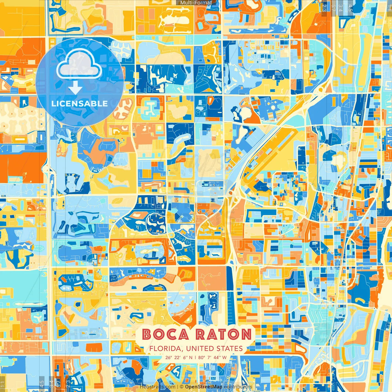 Boca Raton, Florida, United States blue and orange vector art map template