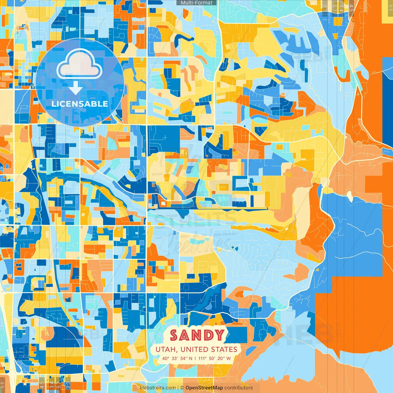 Sandy, Utah, United States blue and orange vector art map template