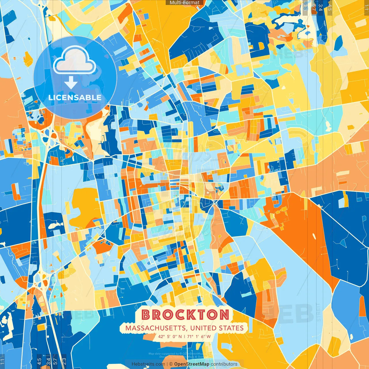 Brockton, Massachusetts, United States blue and orange vector art map template