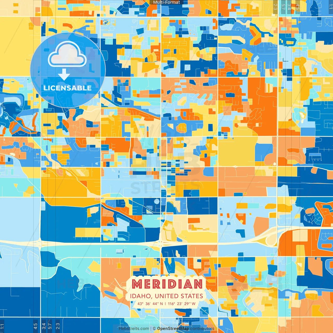 Meridian, Idaho, United States blue and orange vector art map template