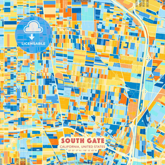 South Gate, California, United States blue and orange vector art map template