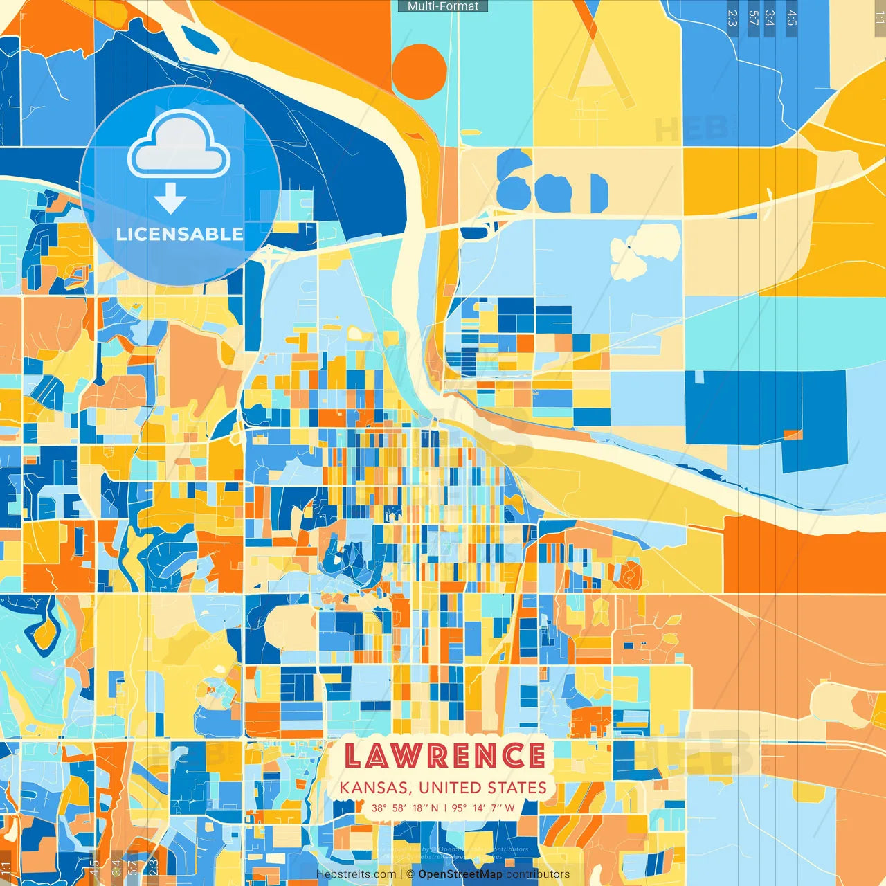 Lawrence, Kansas, United States blue and orange vector art map template