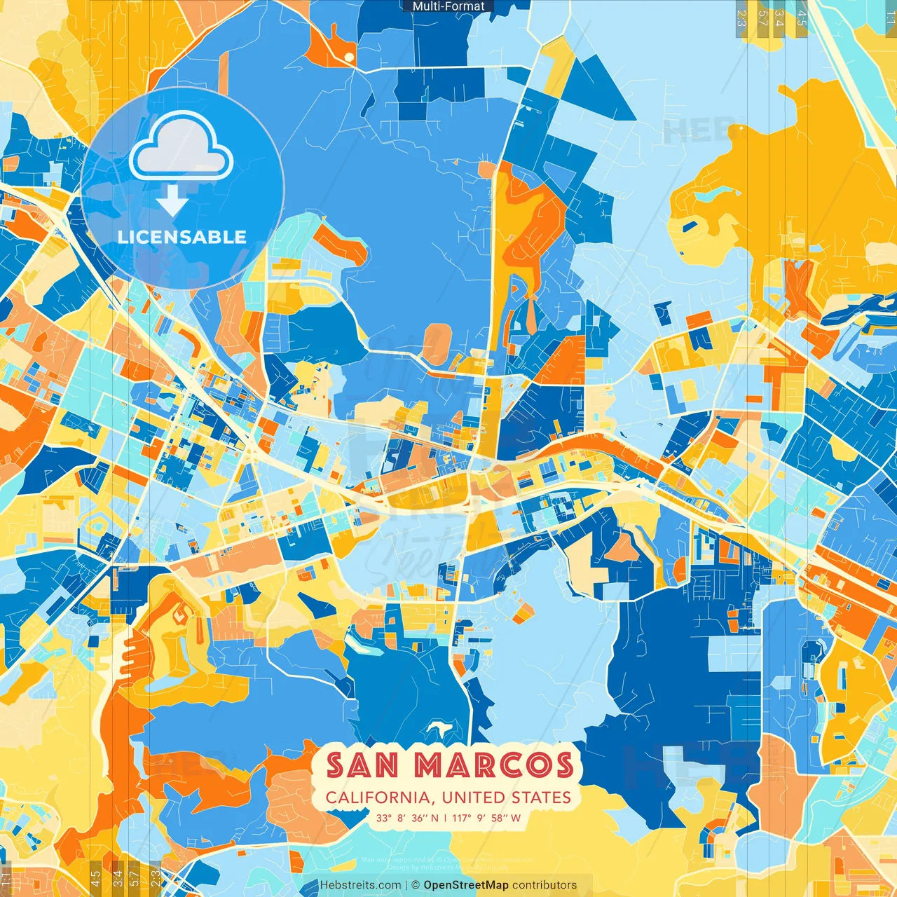 San Marcos, California, United States blue and orange vector art map template