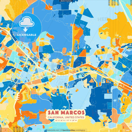 San Marcos, California, United States blue and orange vector art map template