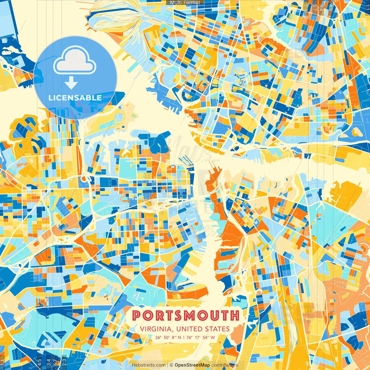 Portsmouth, Virginia, United States blue and orange vector art map template