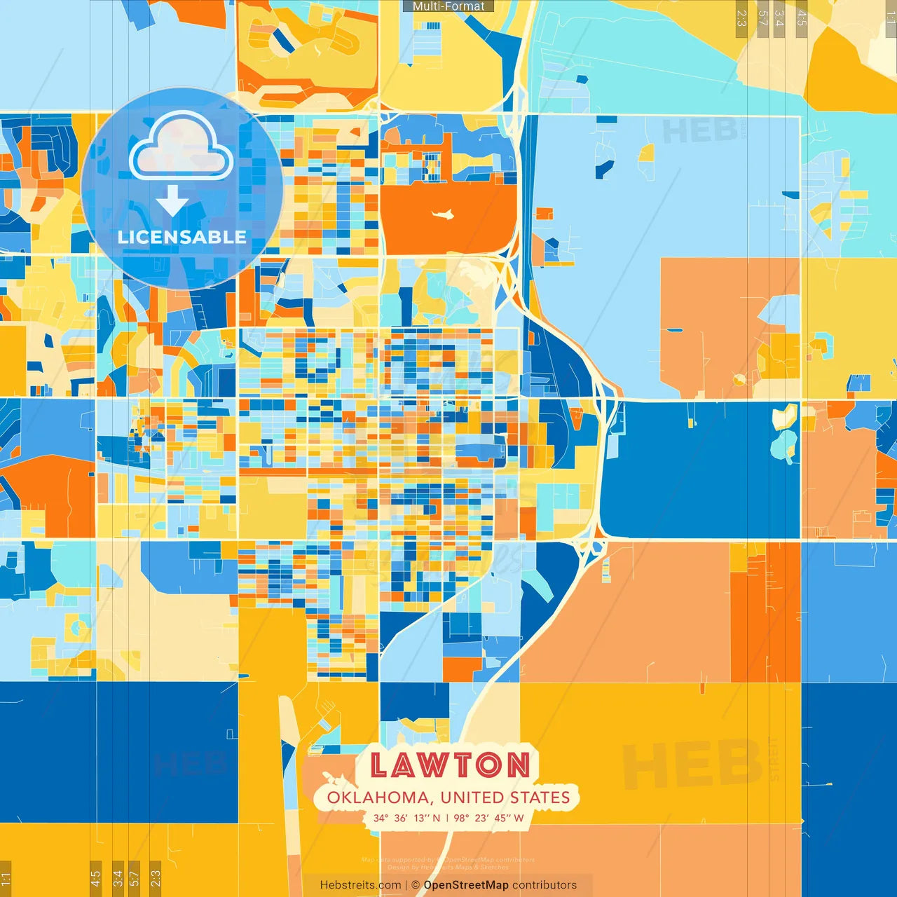 Lawton, Oklahoma, United States blue and orange vector art map template