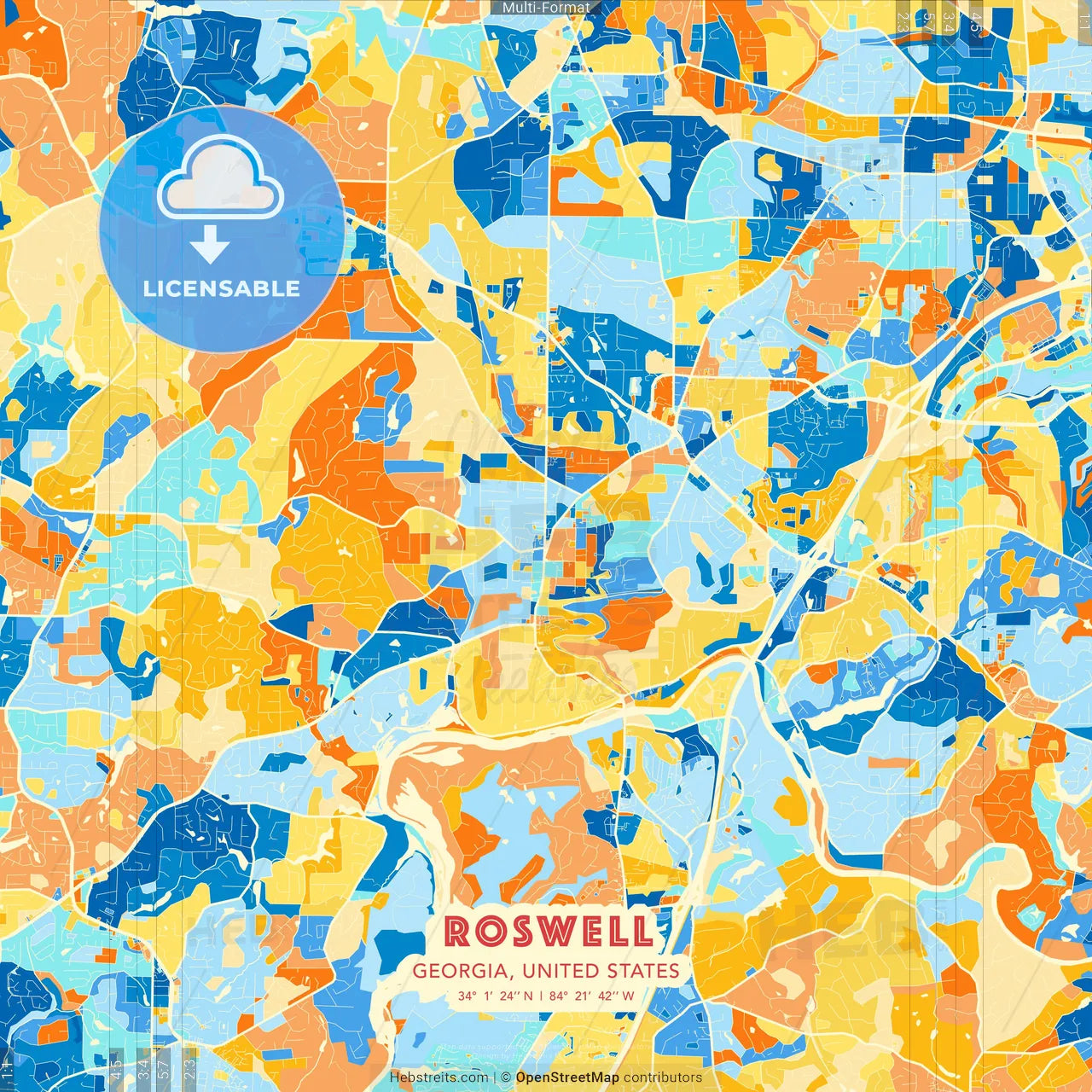 Roswell, Georgia, United States blue and orange vector art map template