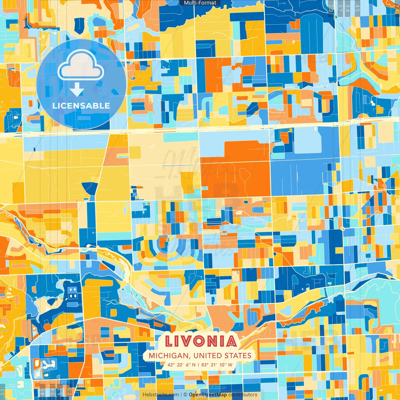 Livonia, Michigan, United States blue and orange vector art map template