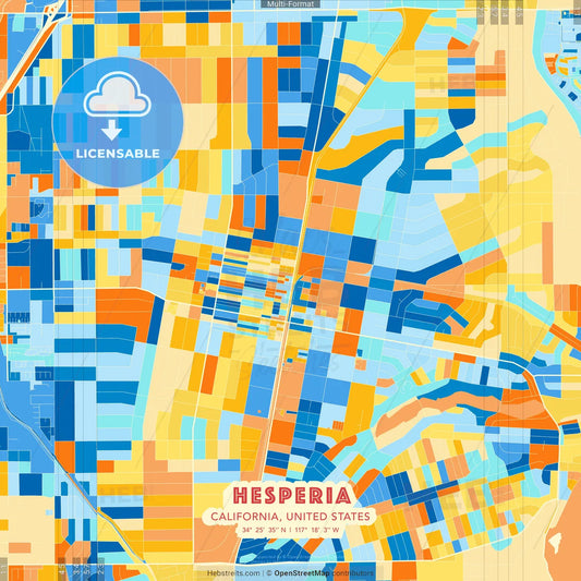 Hesperia, California, United States blue and orange vector art map template