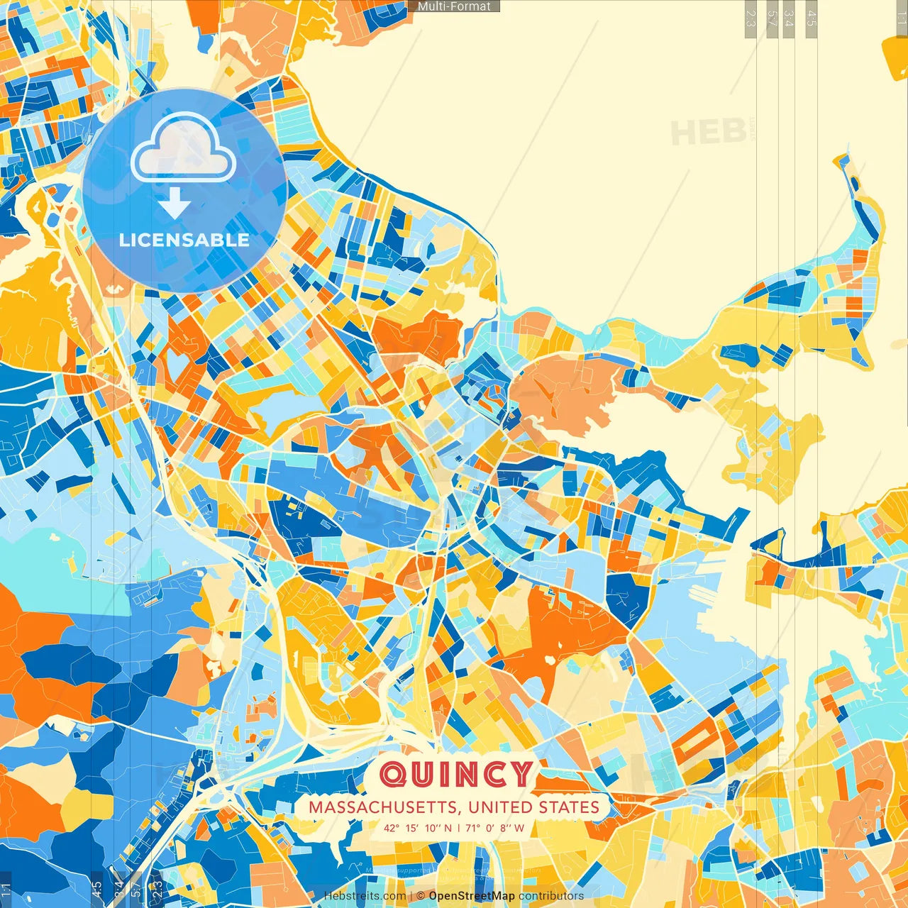 Quincy, Massachusetts, United States blue and orange vector art map template