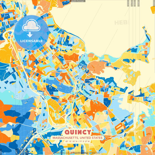 Quincy, Massachusetts, United States blue and orange vector art map template