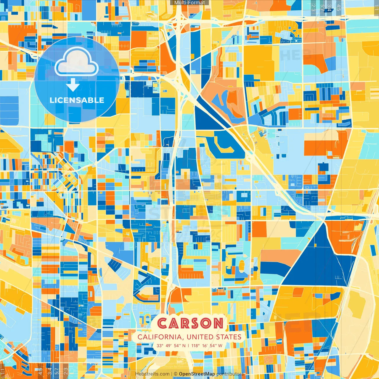 Carson, California, United States blue and orange vector art map template