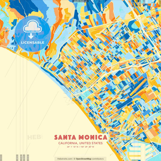 Santa Monica, California, United States blue and orange vector art map template