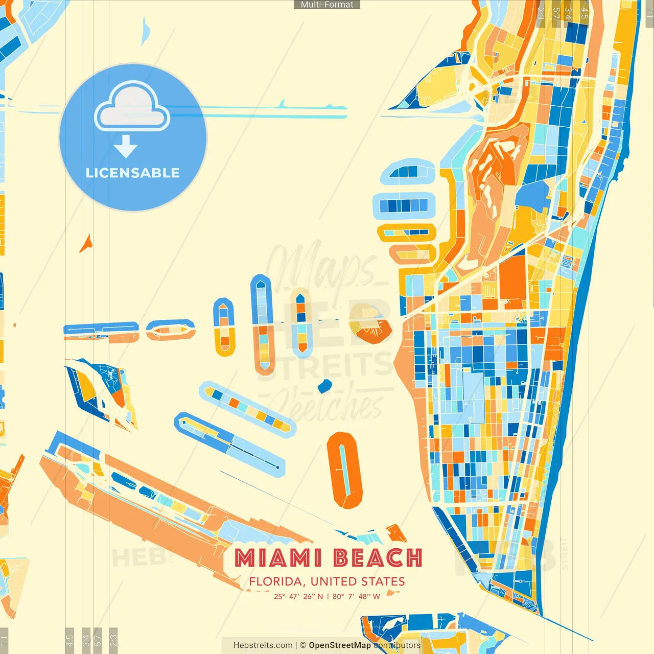 Miami Beach, Florida, United States blue and orange vector art map template