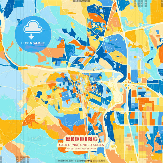 Redding, California, United States blue and orange vector art map template