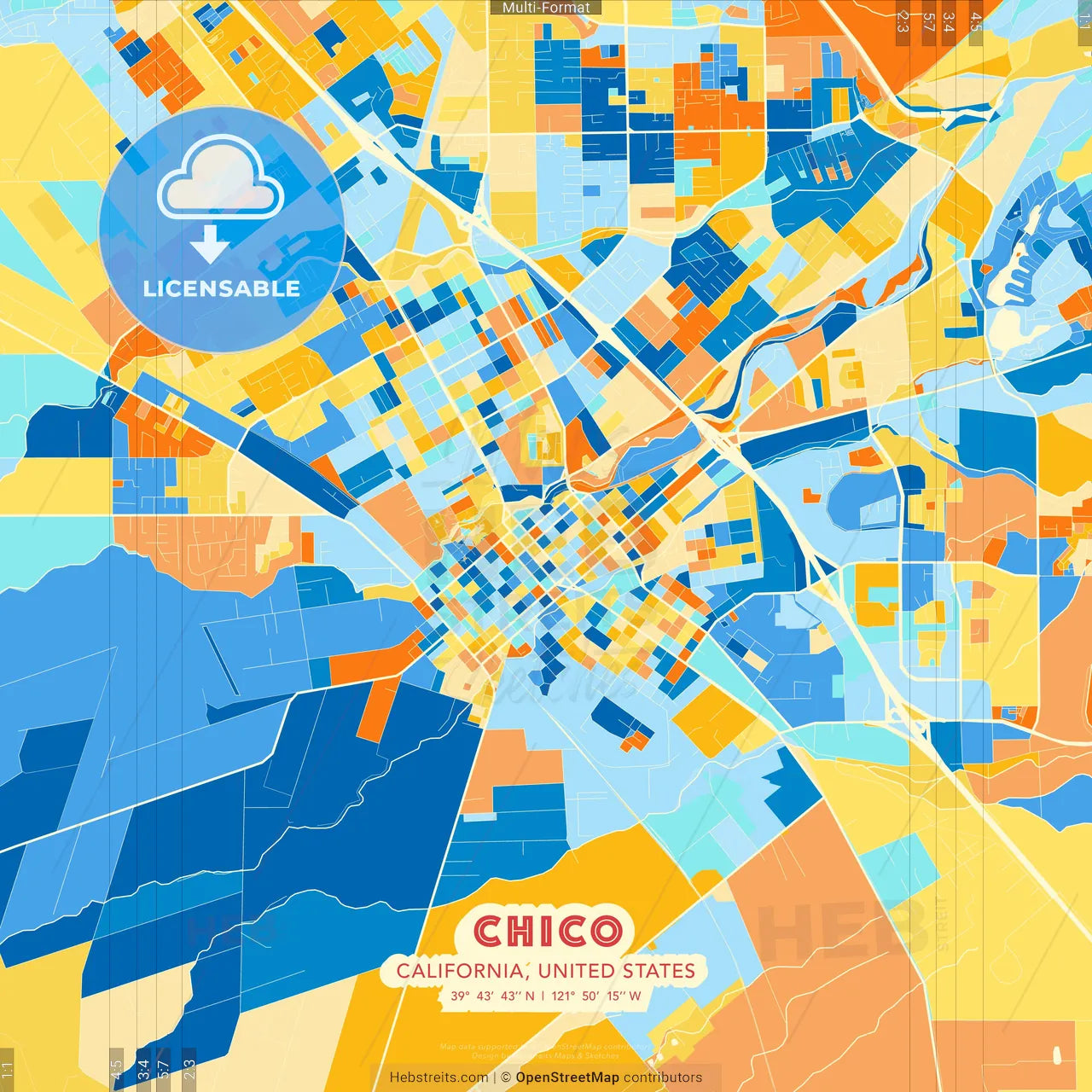 Chico, California, United States blue and orange vector art map template