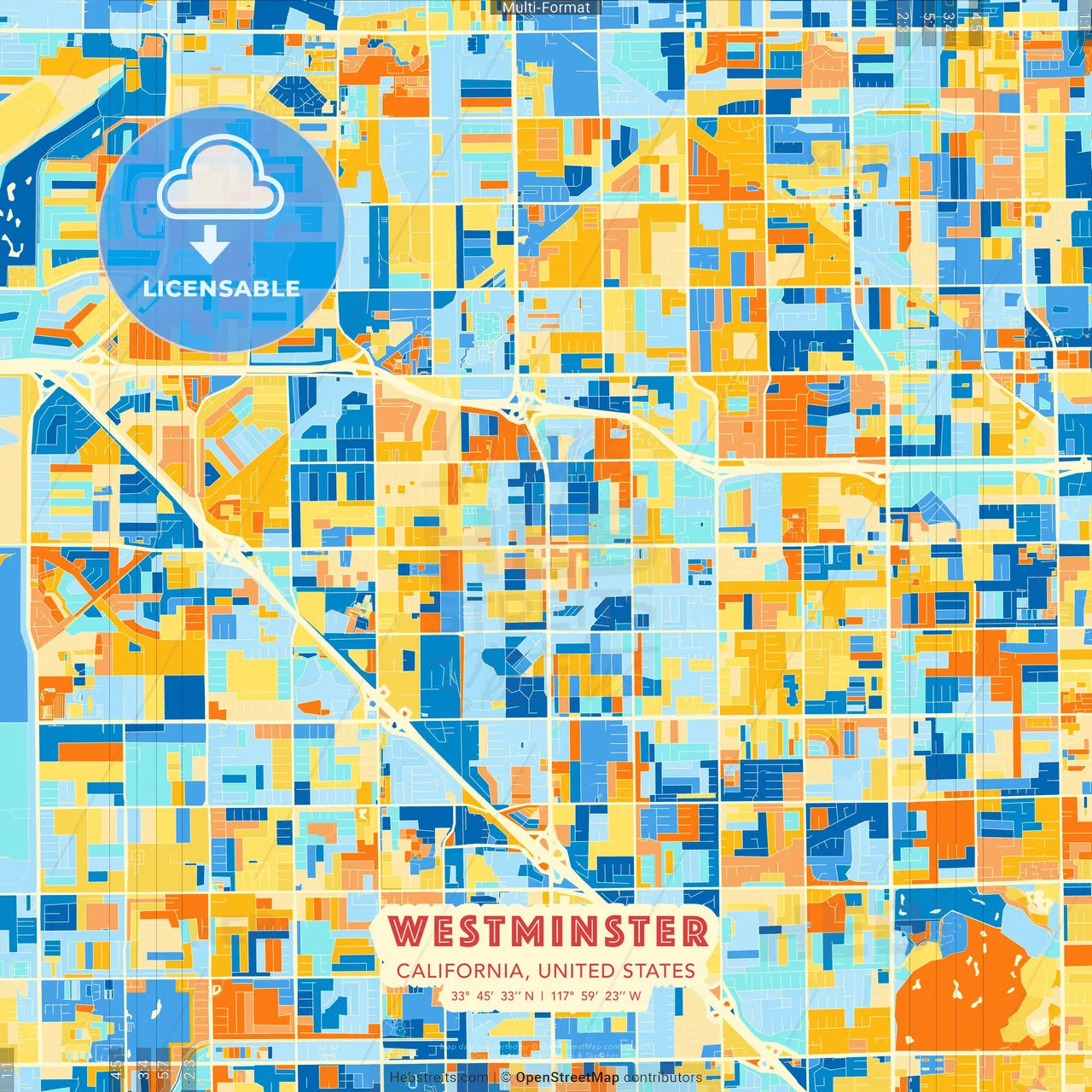 Westminster, California, United States blue and orange vector art map template