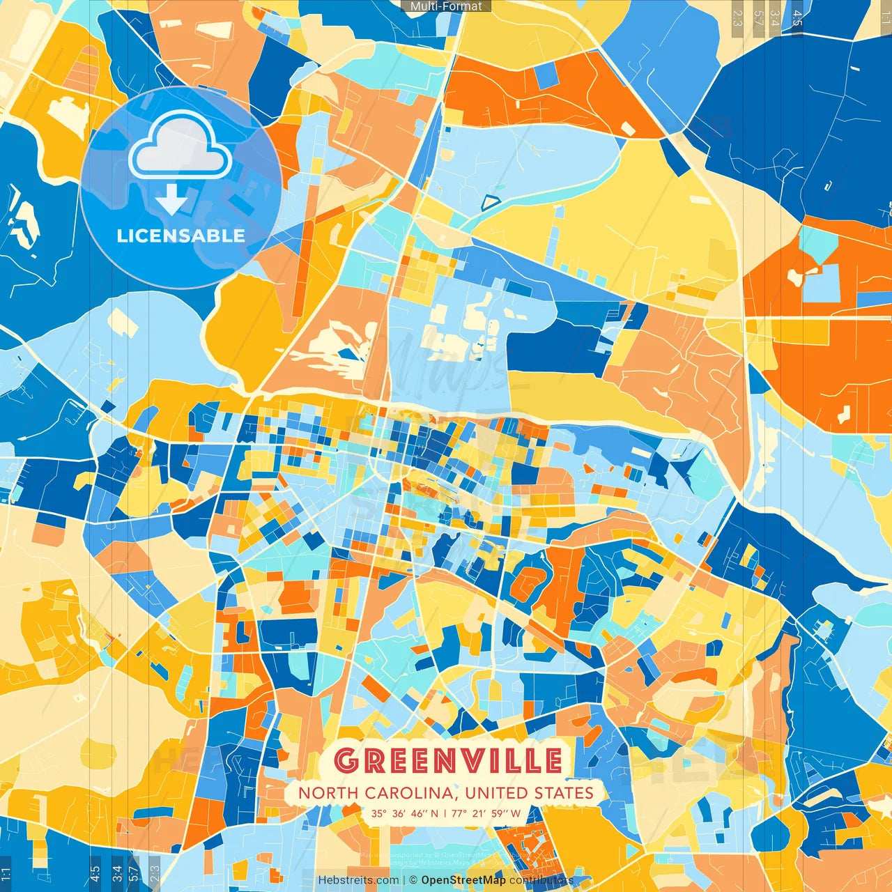 Greenville, North Carolina, United States blue and orange vector art map template