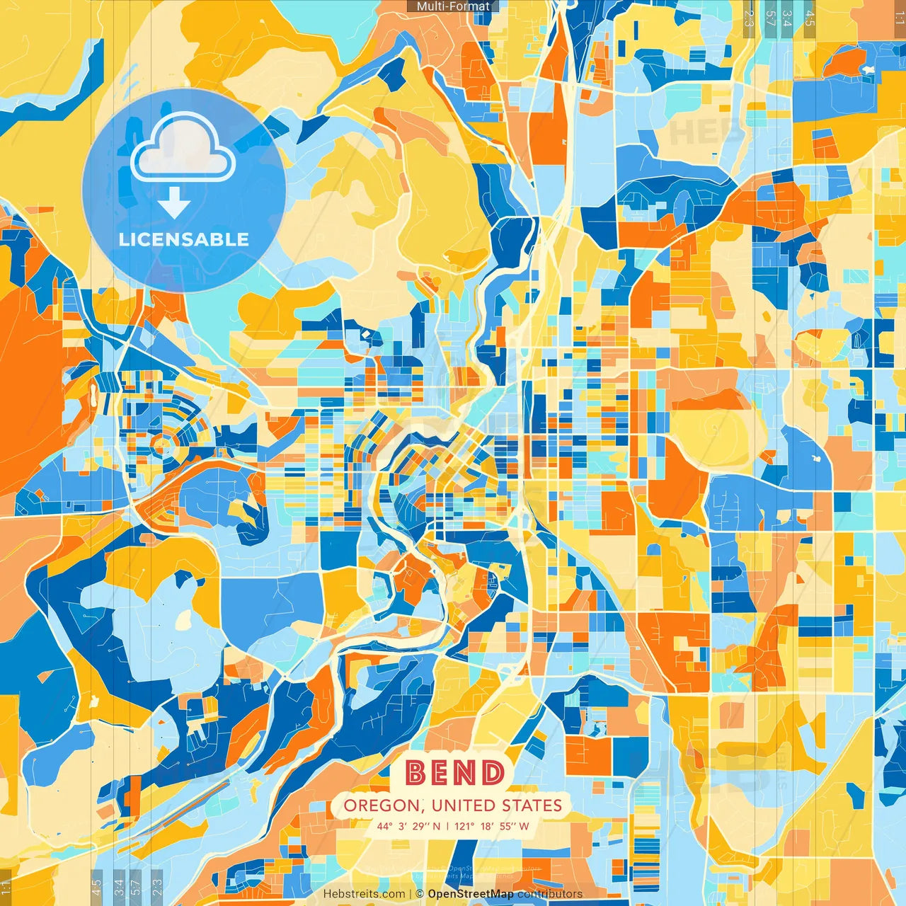 Bend, Oregon, United States blue and orange vector art map template