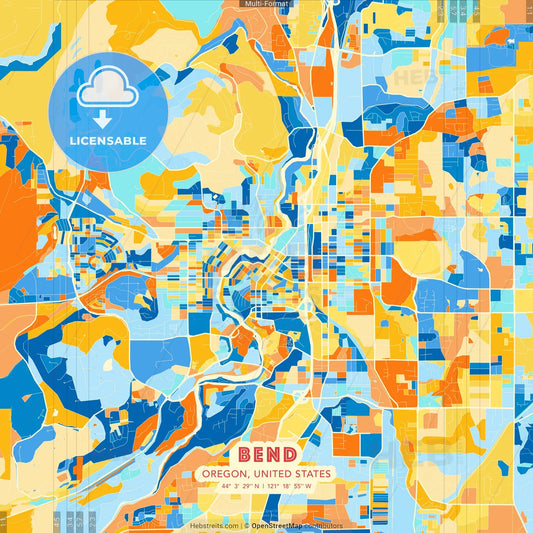 Bend, Oregon, United States blue and orange vector art map template
