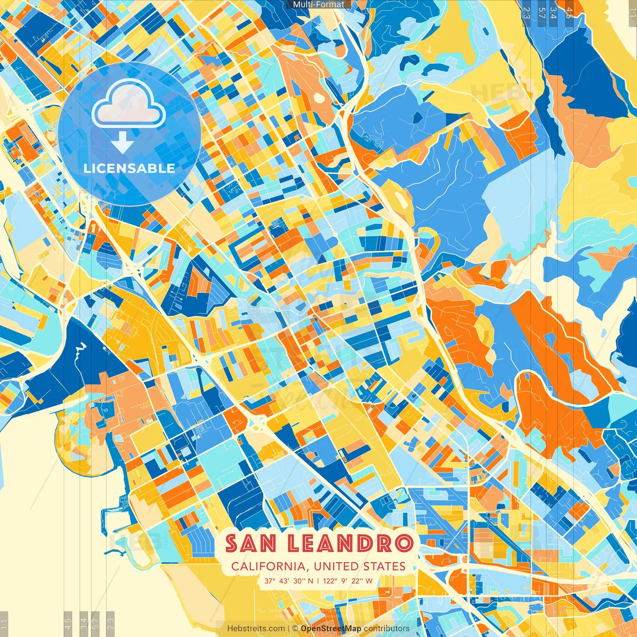 San Leandro, California, United States blue and orange vector art map template
