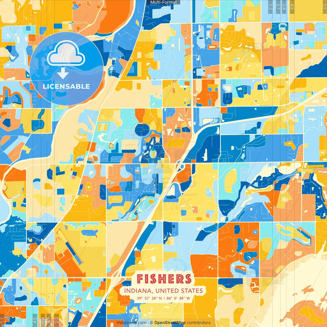 Fishers, Indiana, United States blue and orange vector art map template